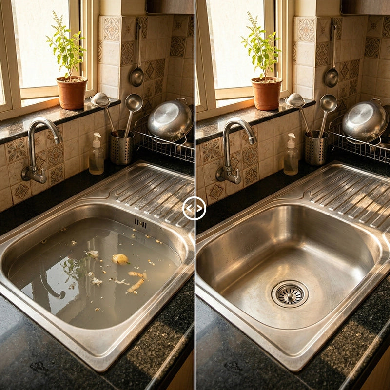 Pollie Drain Cleaner unclogs kitchen sink and removes grease buildup and food waste – before and after drain cleaning transformation.