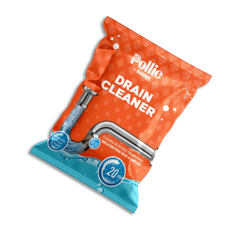 Pollie by Kadam Drain Cleaner pouch in orange and blue packaging, highlighting its ability to clean blocked drainpipes, break down hair and grease, remove tough stains, and act within 20 minutes
