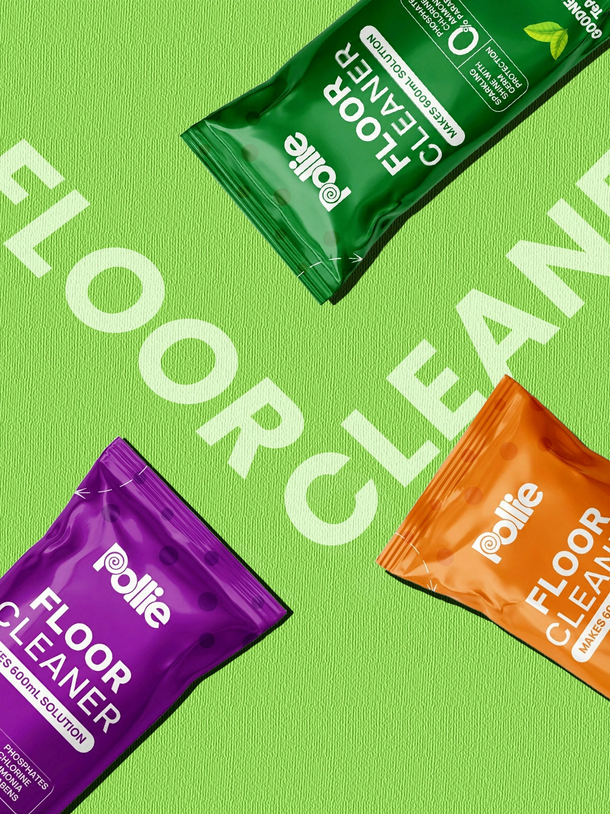 Pollie Floor Cleaner sachets in Tea Tree, Orange, and Lavender variants on bright color backgrounds, showing refill usage into bottles. Eco-friendly sachet refills made with natural ingredients for clean, fragrant, germ-free floors.
