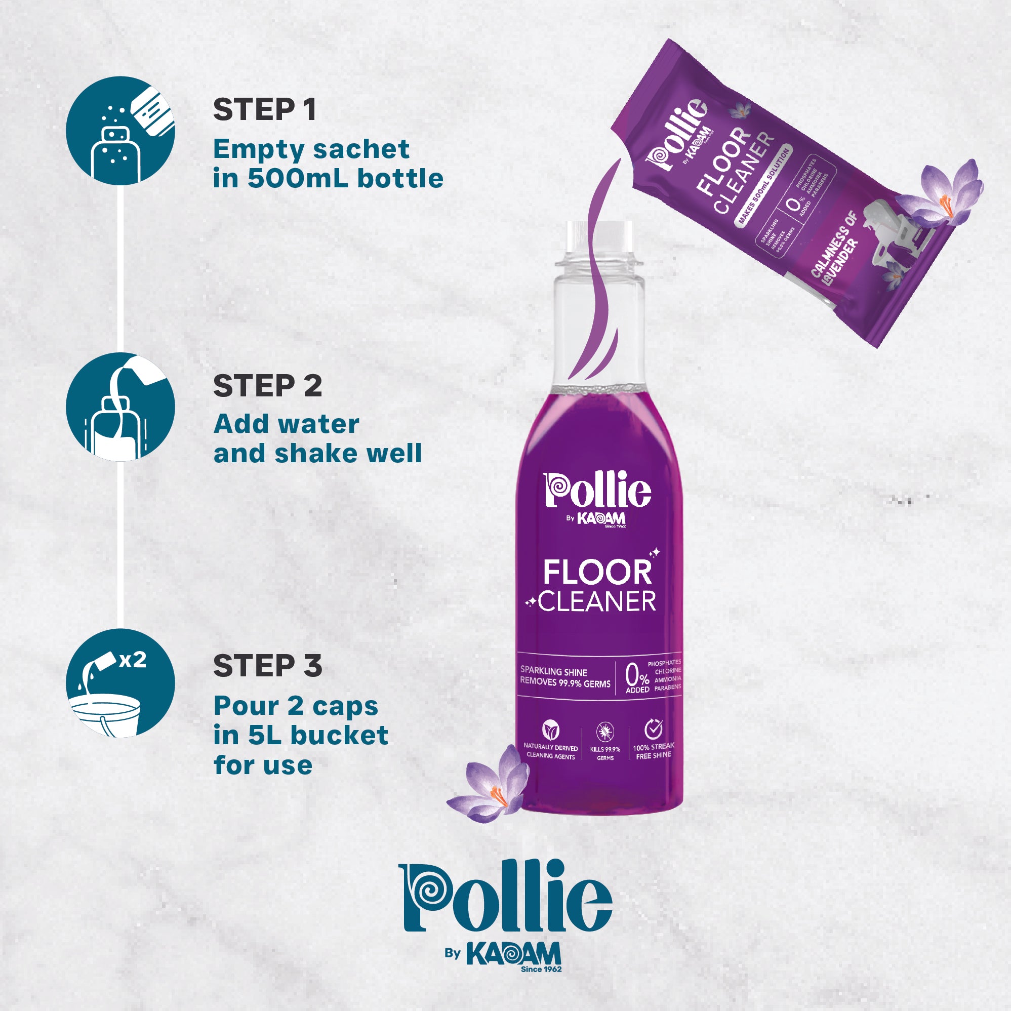 Step-by-step guide for using Pollie Floor Cleaner sachets and bottle