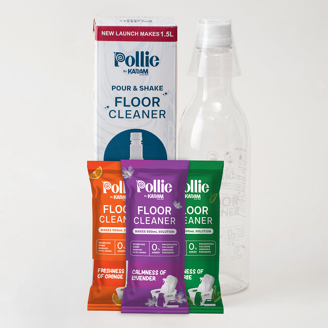 Pollie Floor Cleaner box with bottle and 3 refill sachets.