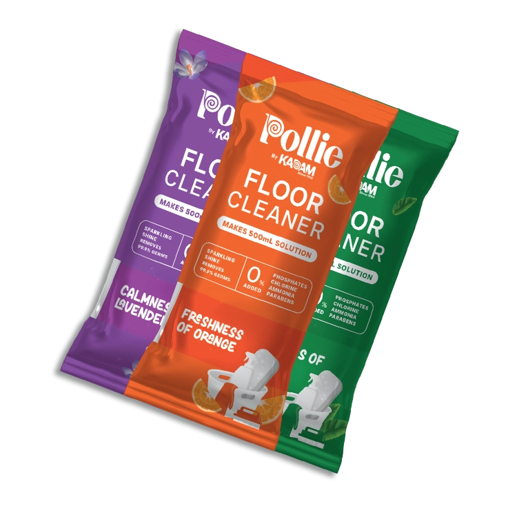 Pollie by Kadam Floor Cleaner sachets in three variants: Freshness of Orange, Calmness of Lavender, and Goodness of Tea Tree, each making 500ml solution and free from phosphates, chlorine, ammonia, and parabens.