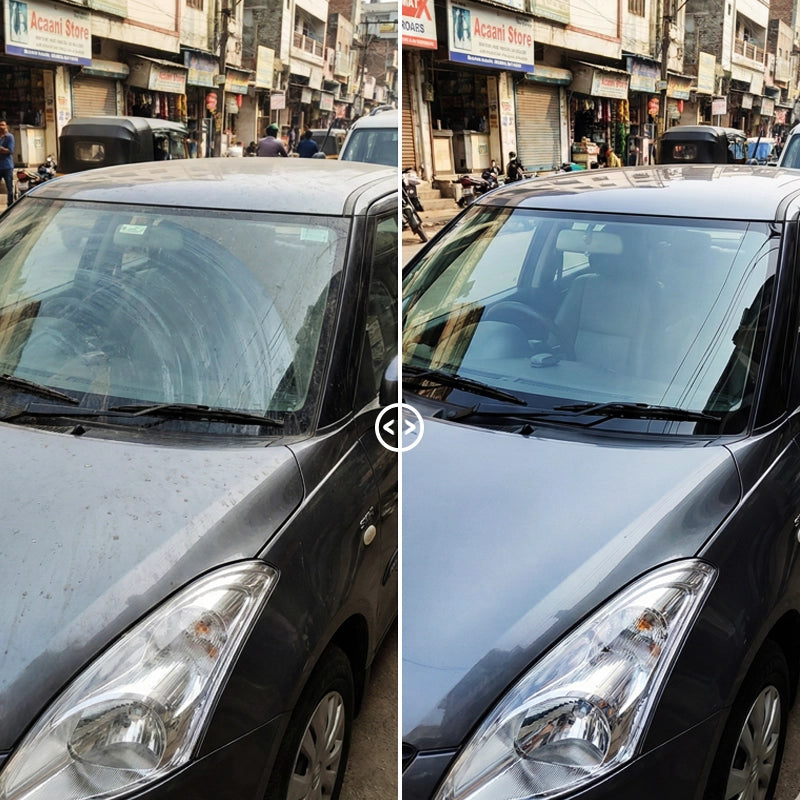 Before and after car windshield cleaning showing dusty glass restored to crystal-clear shine using Pollie Glass Cleaner.