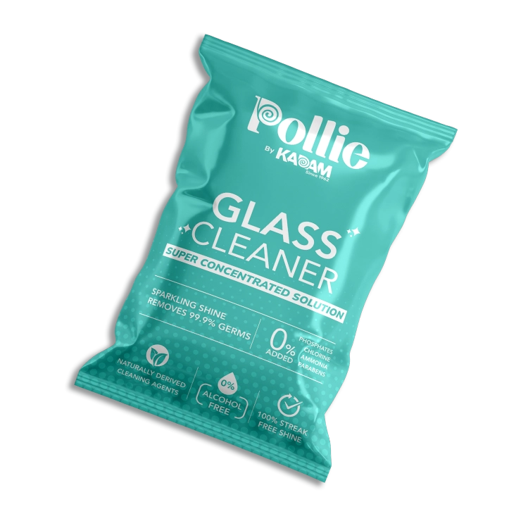 Pollie by Kadam Glass Cleaner pouch with super concentrated solution, offering 0% alcohol, naturally derived cleaning agents, 99.9% germ removal, and 100% streak-free shine