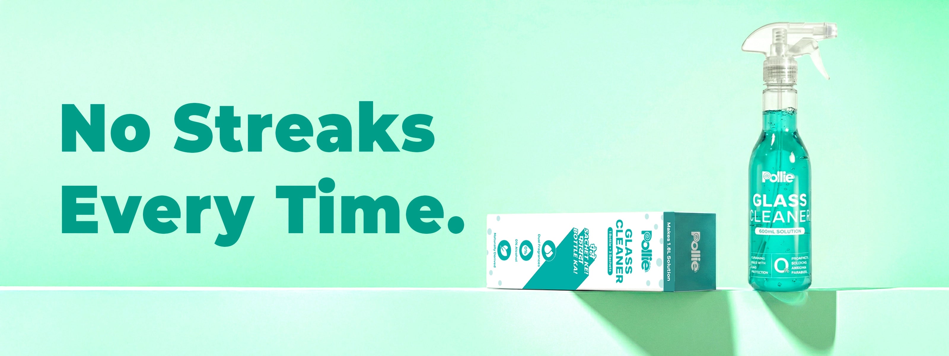 Pollie Glass Cleaner spray bottle and refill box delivering streak-free, alcohol-free shine for windows, mirrors, and glass surfaces