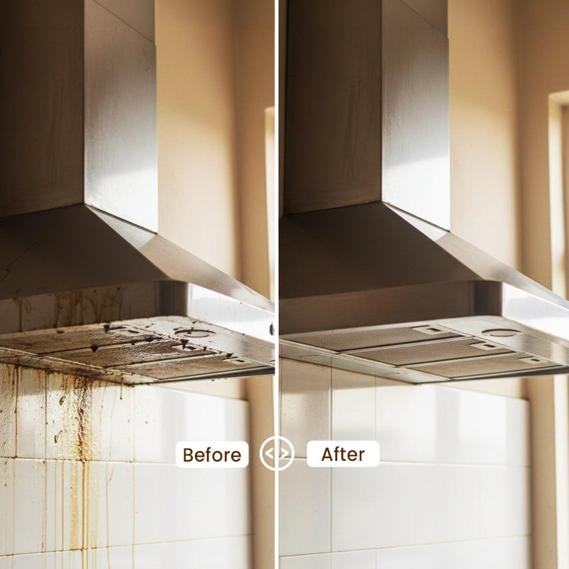 Before and after comparison of kitchen chimney cleaned with Pollie Kitchen Cleaner, showing heavy grease stains removed for a spotless, shiny surface.