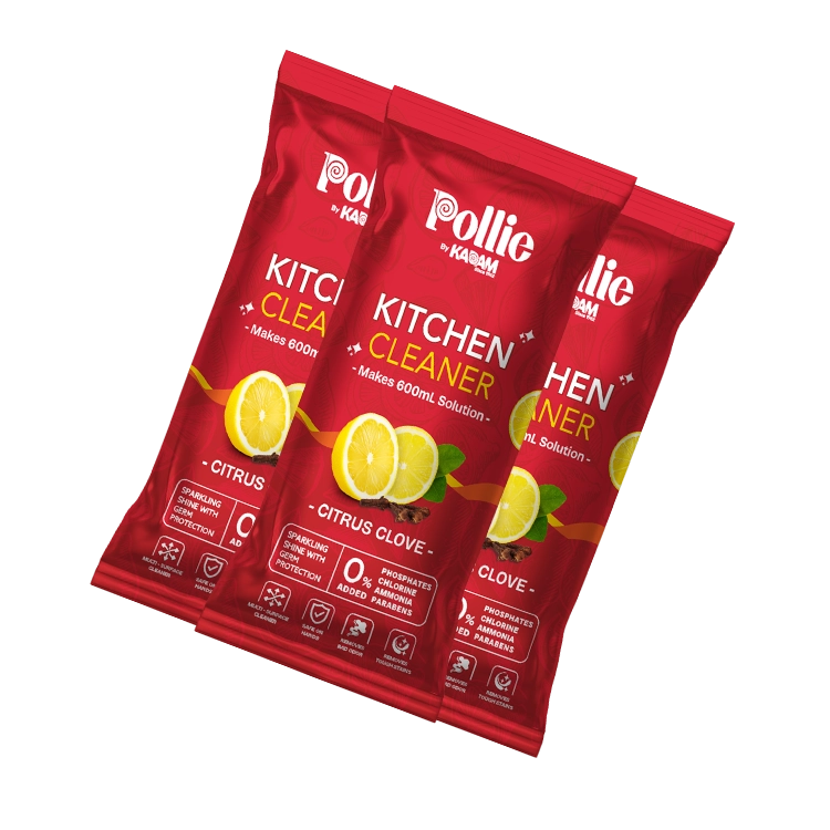 Three sachets of Pollie Kitchen Cleaner in citrus clove flavor with bold red packaging.