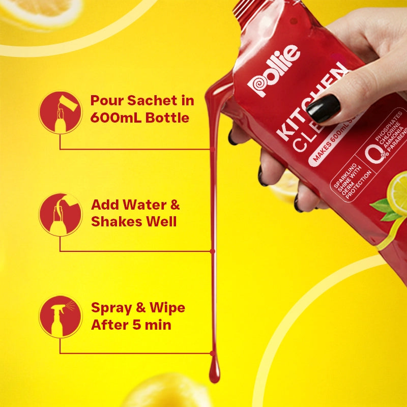 Three-step usage of Pollie Kitchen Cleaner: cut sachet, add water, shake, then spray & wipe.