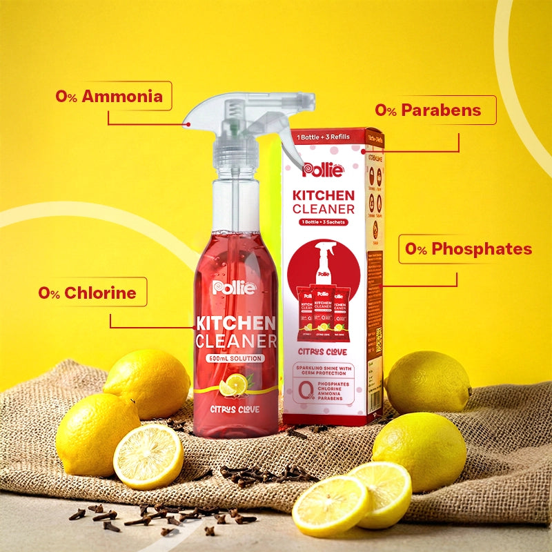 Pollie Kitchen Cleaner on counter with benefits: sparkling shine, germ protection, no chemicals.