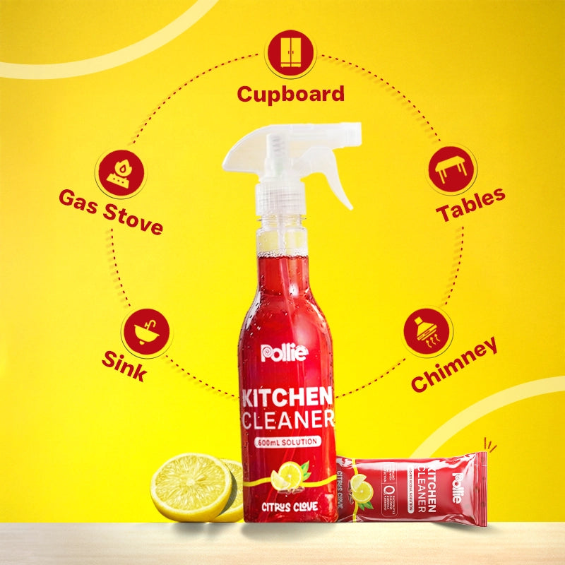 Pollie Kitchen Cleaner usage guide showing chimney, tiles, stovetops, and sink cleaning areas. Ideal for grease, oil, and stains — safe, citrus-scented, non-toxic cleaning solution for all kitchen surfaces.