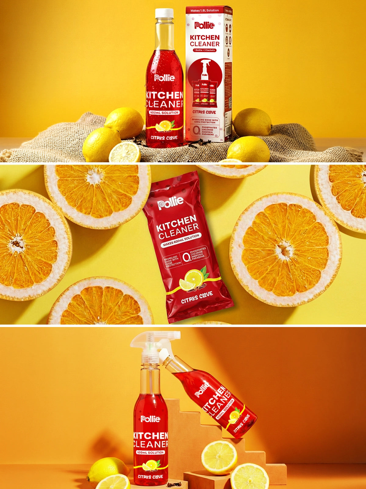 Pollie Kitchen Cleaner citrus clove – eco-friendly kitchen surface cleaner bottle, refill sachet and spray solution for grease and stain removal.