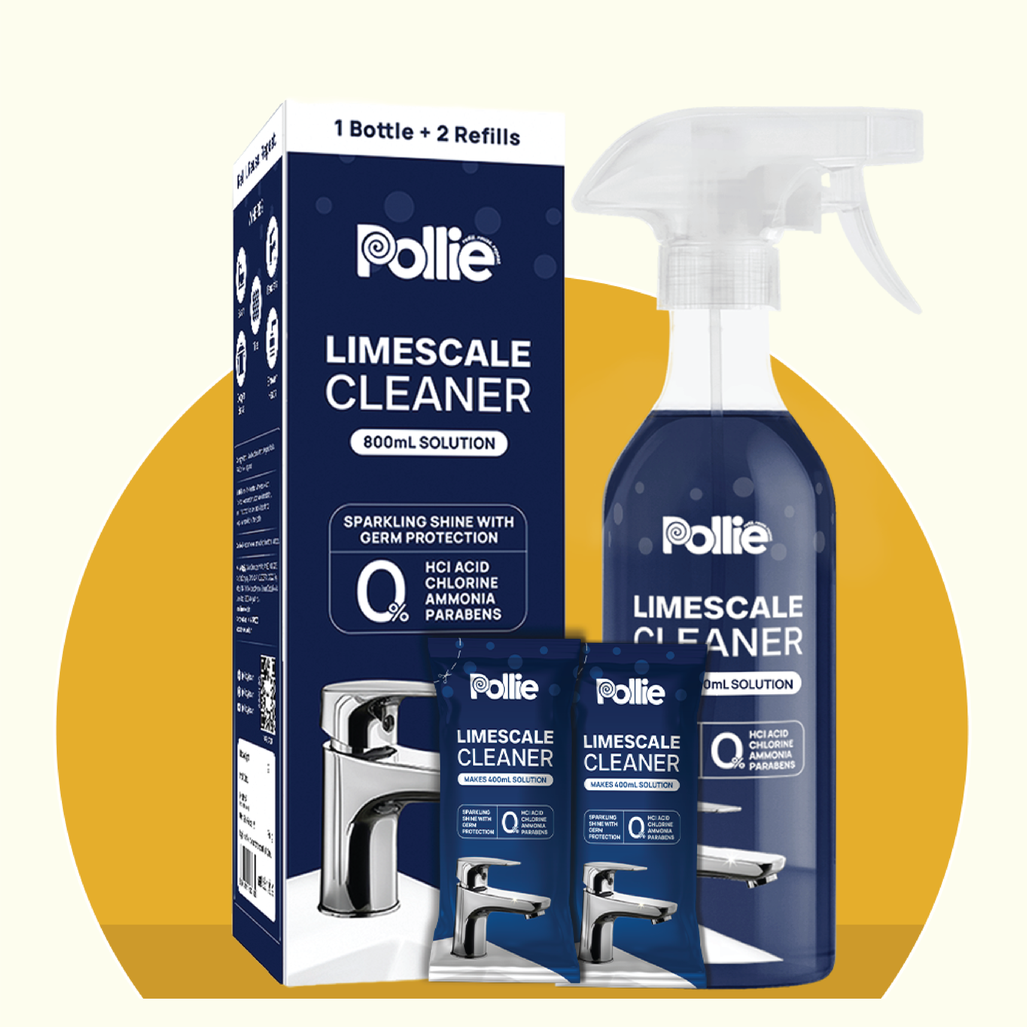 Pollie Limescale Cleaner 800mL, removes hard water stains and limescale on Taps, Faucets and Copper Brass Vessels with safe HCl acid-free formula.