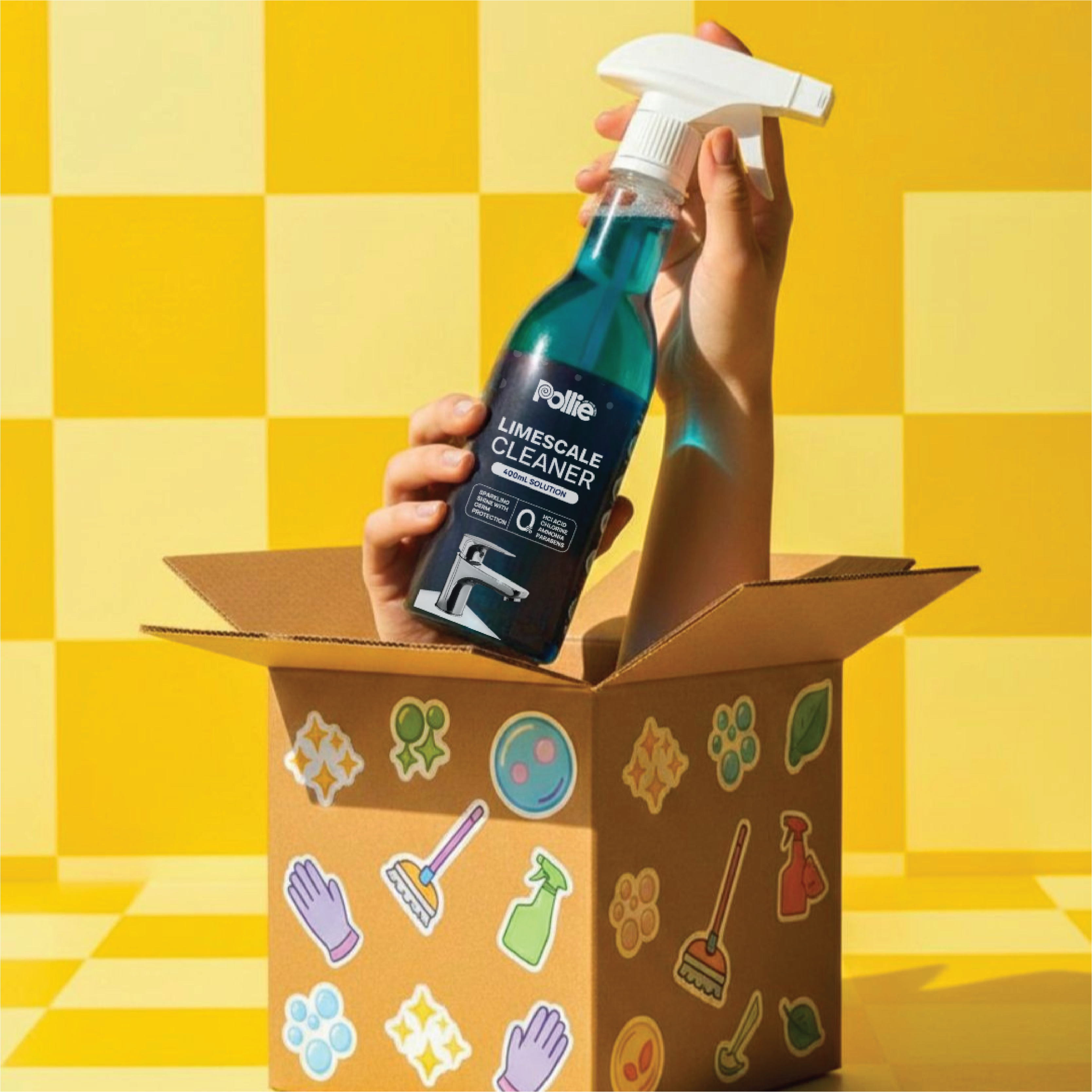 Pollie Limescale Cleaner 800mL, removes hard water stains and limescale on Taps, Faucets and Copper Brass Vessels with safe HCl acid-free formula.