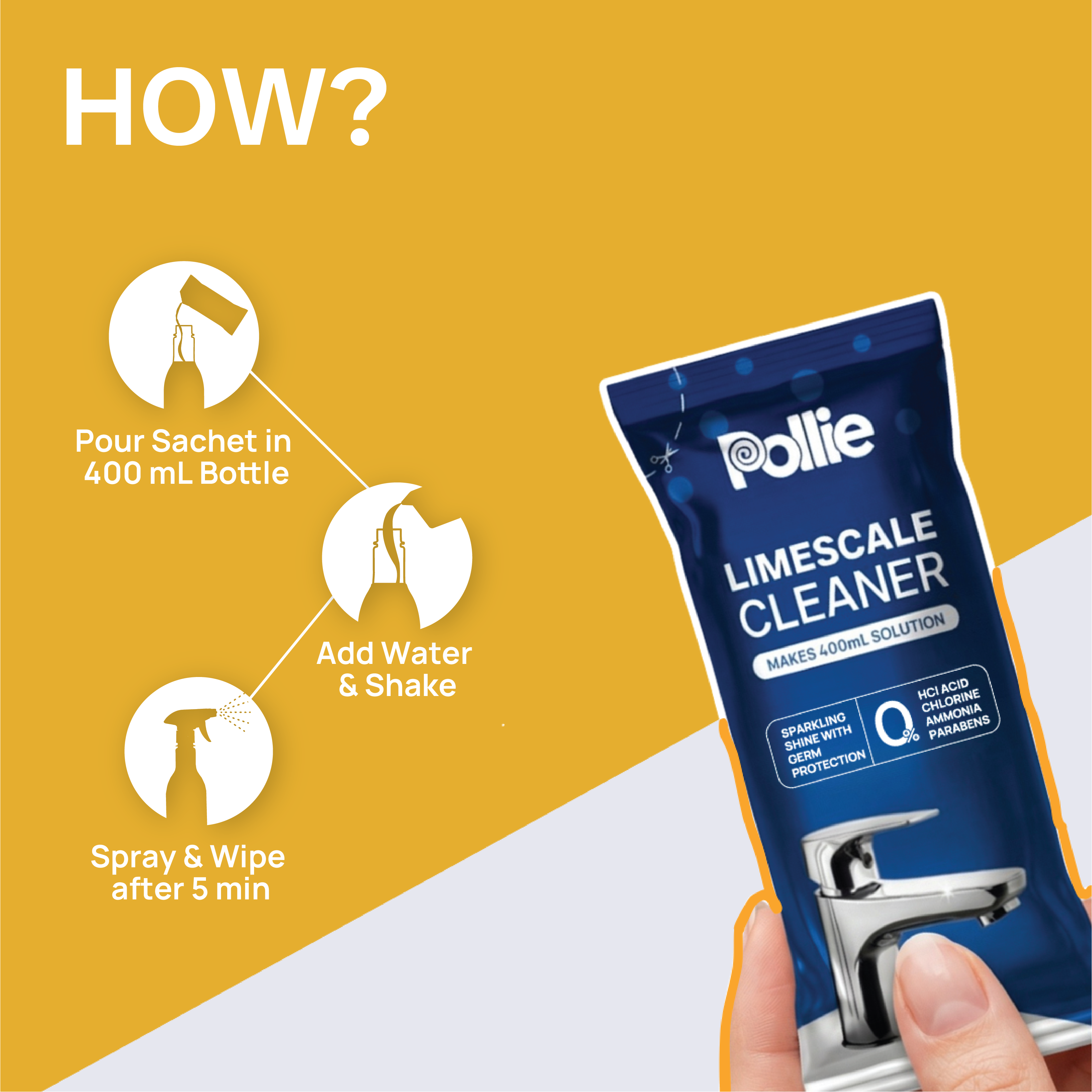 Pollie Limescale Cleaner 800mL, removes hard water stains and limescale on Taps, Faucets and Copper Brass Vessels with safe HCl acid-free formula.