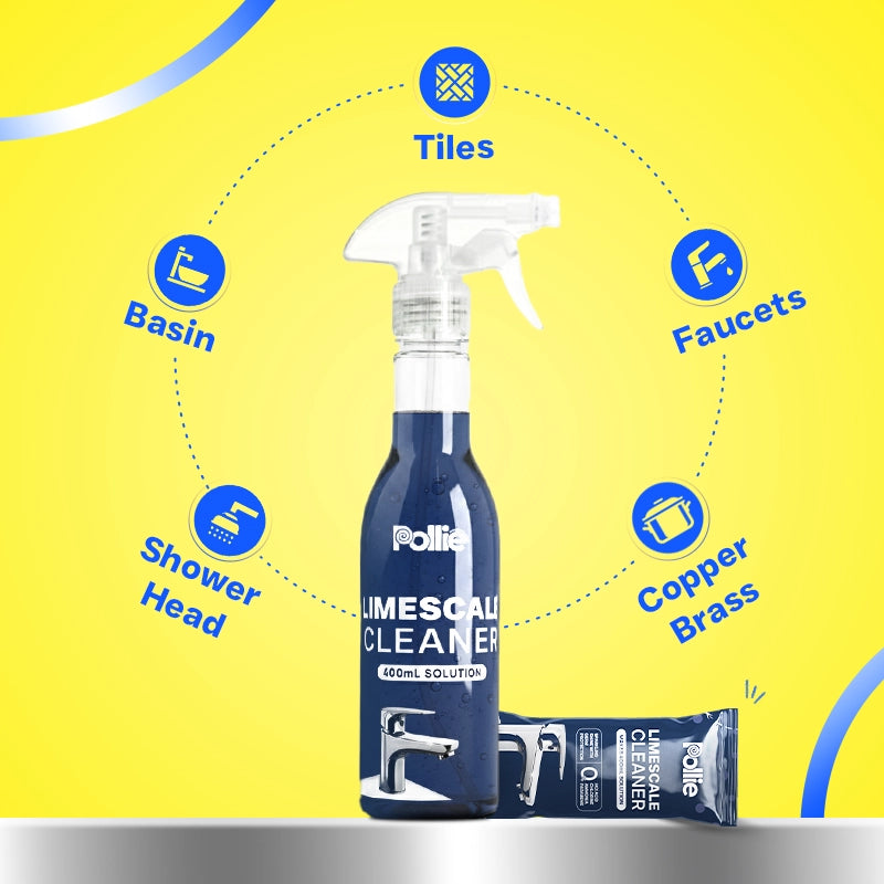 Pollie Limescale Cleaner 800mL, removes hard water stains and limescale on Taps, Faucets and Copper Brass Vessels with safe HCl acid-free formula.