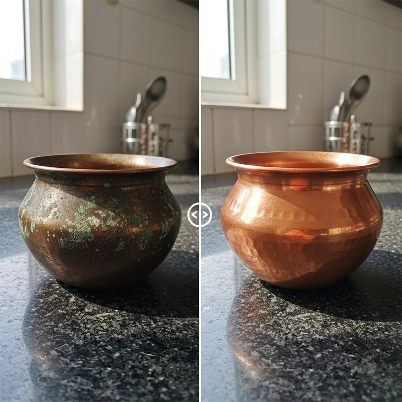Before and after copper pot cleaning showing tarnish and oxidation removed with Pollie Limescale Cleaner for a bright, polished shine.