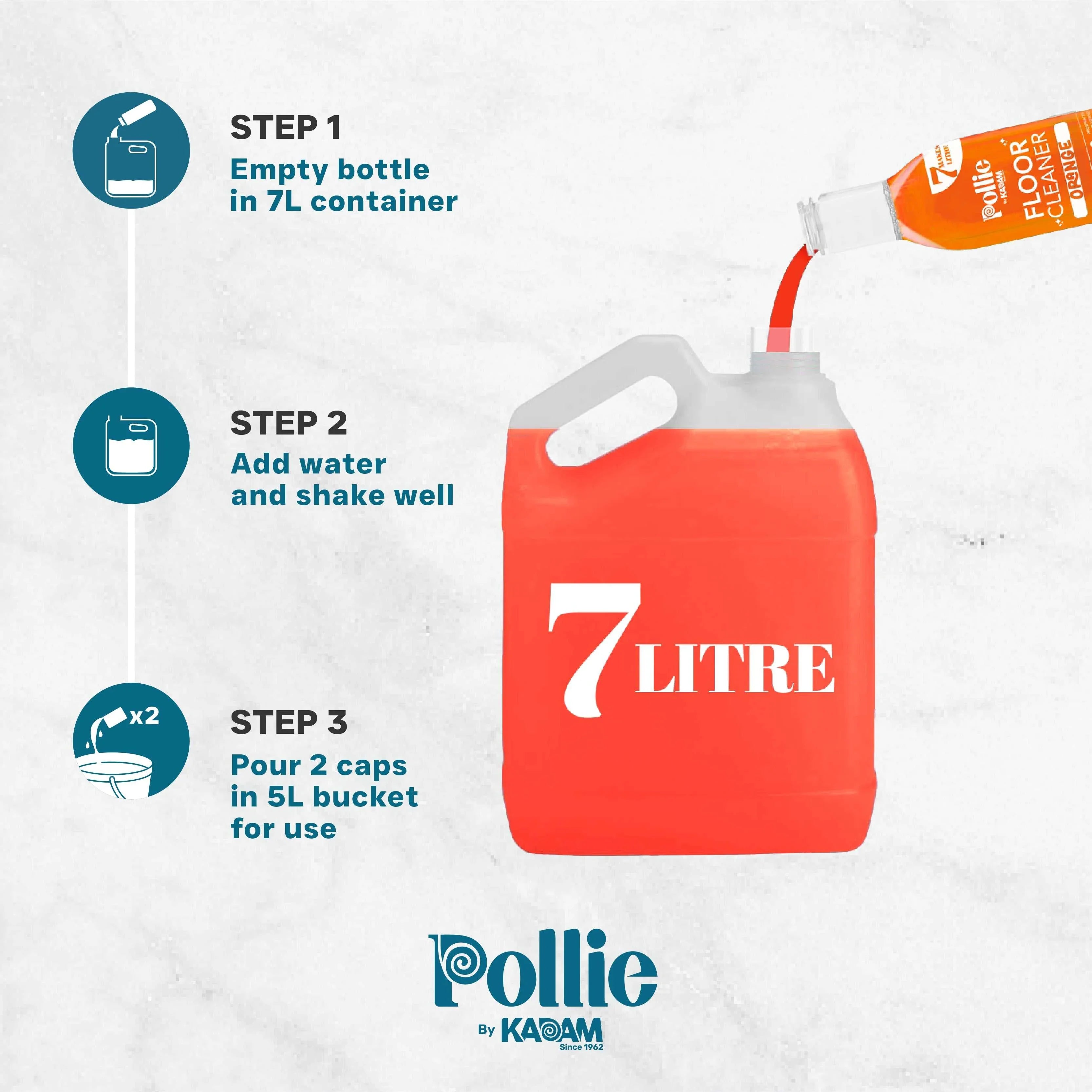 Pollie by Kadam floor cleaner usage guide showing orange variant being poured into a 7-litre container, with steps to dilute, add water, shake, and use 2 caps in a 5L bucket