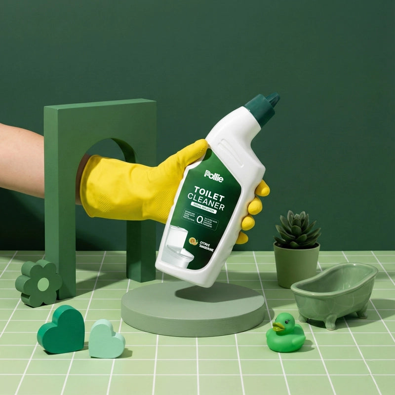 Pollie Toilet Cleaner bottle with applicator nozzle for deep bathroom cleaning, removing stains and yellowing from toilet bowls and ceramic surfaces.