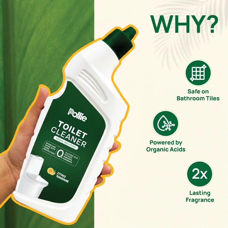 Pollie Toilet Cleaner 500ml bottle with citrus tangerine fragrance, organic acid-based toilet cleaning solution safe on tiles and ceramic surfaces