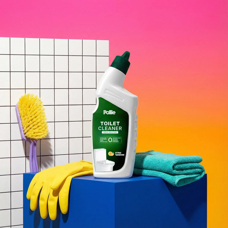 Pollie Toilet Cleaner 500ml bottle with citrus tangerine fragrance, organic acid-based toilet cleaning solution safe on tiles and ceramic surfaces